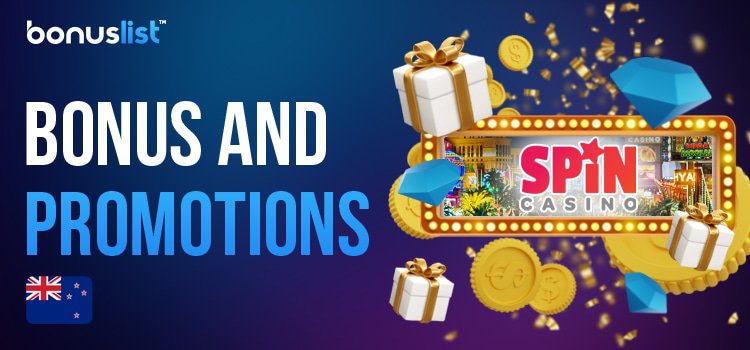 A big logo of SpinCasino, gift boxes, diamonds and coins for different bonuses and promotions