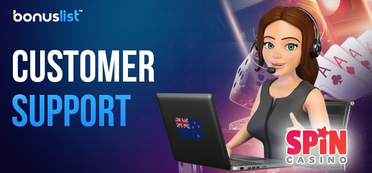 A Spin Casino customer support representative with a laptop
