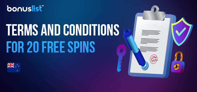 A notepad with a pen, key, lock and checkmark for terms and conditions for 20 free spins