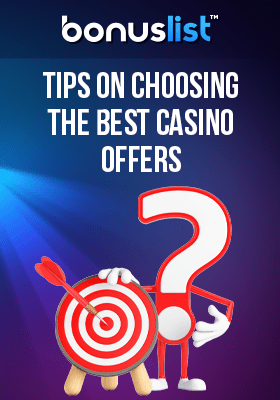A cartoon question mark with a darts board for different tips on choosing online casino bonuses