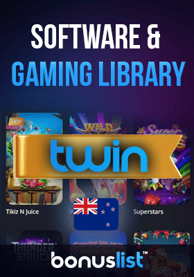 Twin Casino gaming library screen with a New Zealand flag