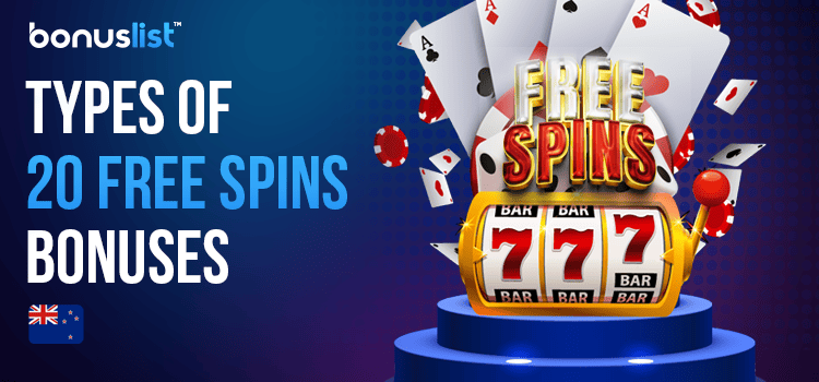 A golden casino reel with some cards and chips for different types of 20 free spins bonuses