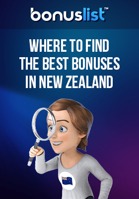 A kiwi girl is searching with her magnifying glass where to find the best bonuses in New Zealand