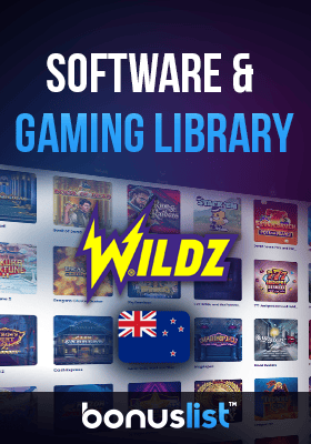 Wildz Casino gaming library screen with a New Zealand flag