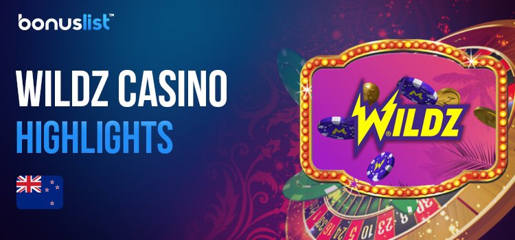 A Wildz casino logo with coins, casino chips and roulette machine for Casino highlights