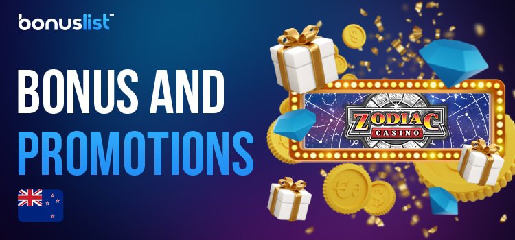 A big logo of Zodiac Casino, gift boxes, diamonds and coins for different bonuses and promotions