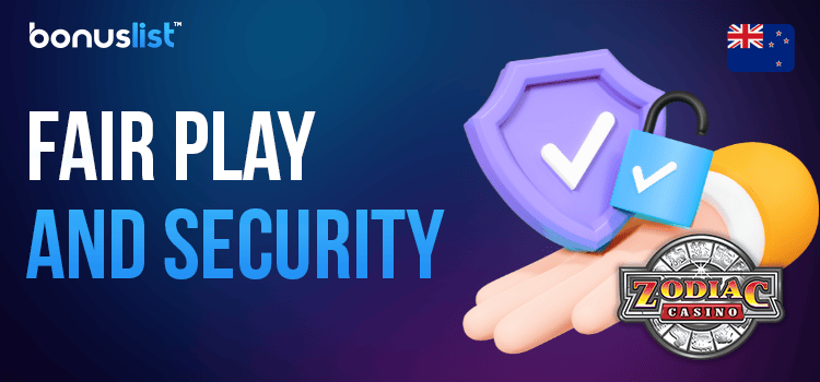 Zodiac Casino logo, security and a lock sign for fair play and security