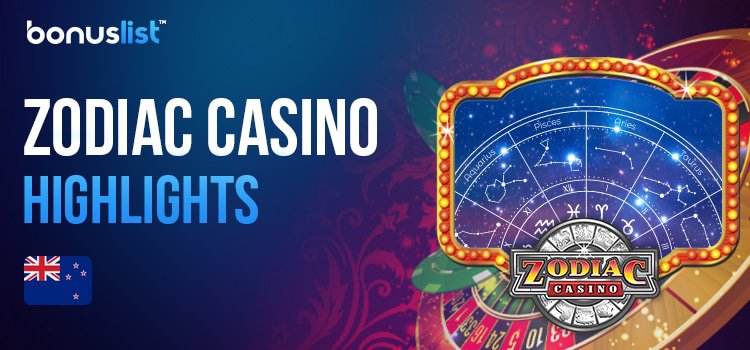 Different casino gaming items and the logo of Zodiac Casino represent the casino's feature