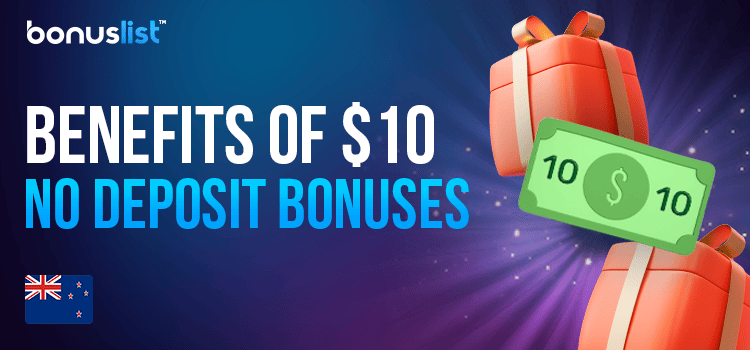 Two gift boxes with a $10 bill for the benefits of $10 no deposit bonuses