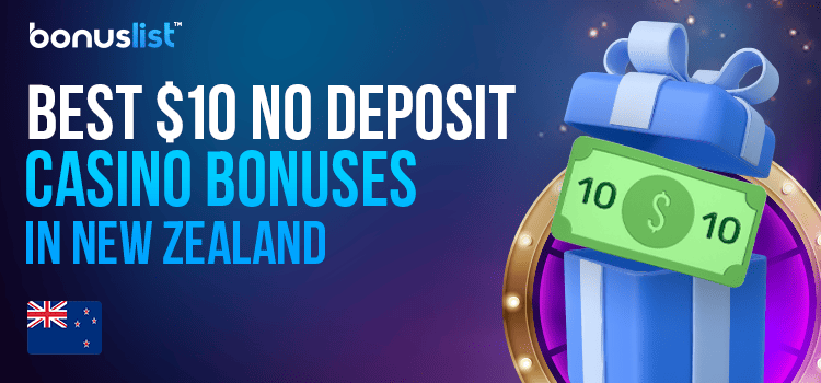 A gift box with a $10 bill for the best $10 no deposit casino bonuses in NZ