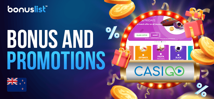 Different gift boxes with gold coins and discount signs for bonuses and promotions of Casigo Casino