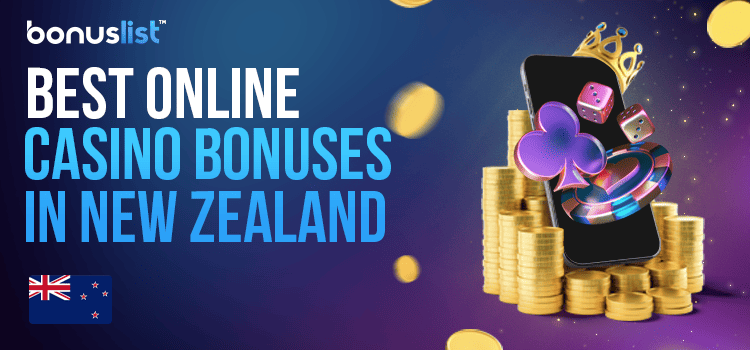 A mobile phone with a lot of gold coins and dice for the best online casino bonuses in New Zealand