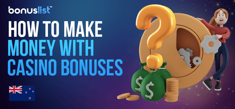 A girl is holding a gear and some money bags with a big question mark explaining how to make money with casino bonuses